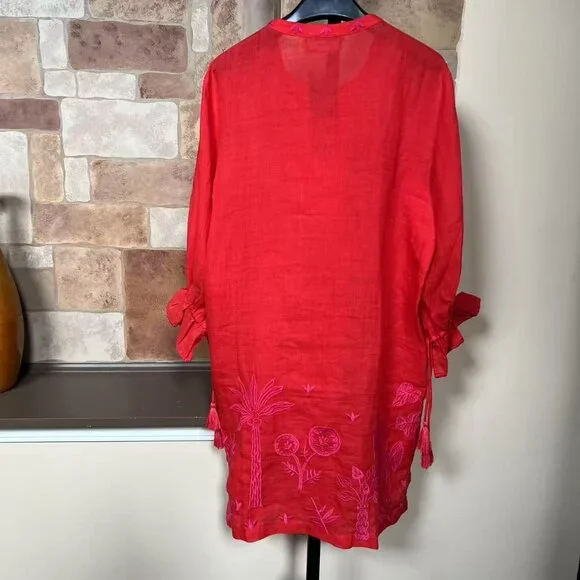 NWOT Johnny Was Ramie Embroidery Ruffles Red Luciana Tie Front Sleeve Dress XL